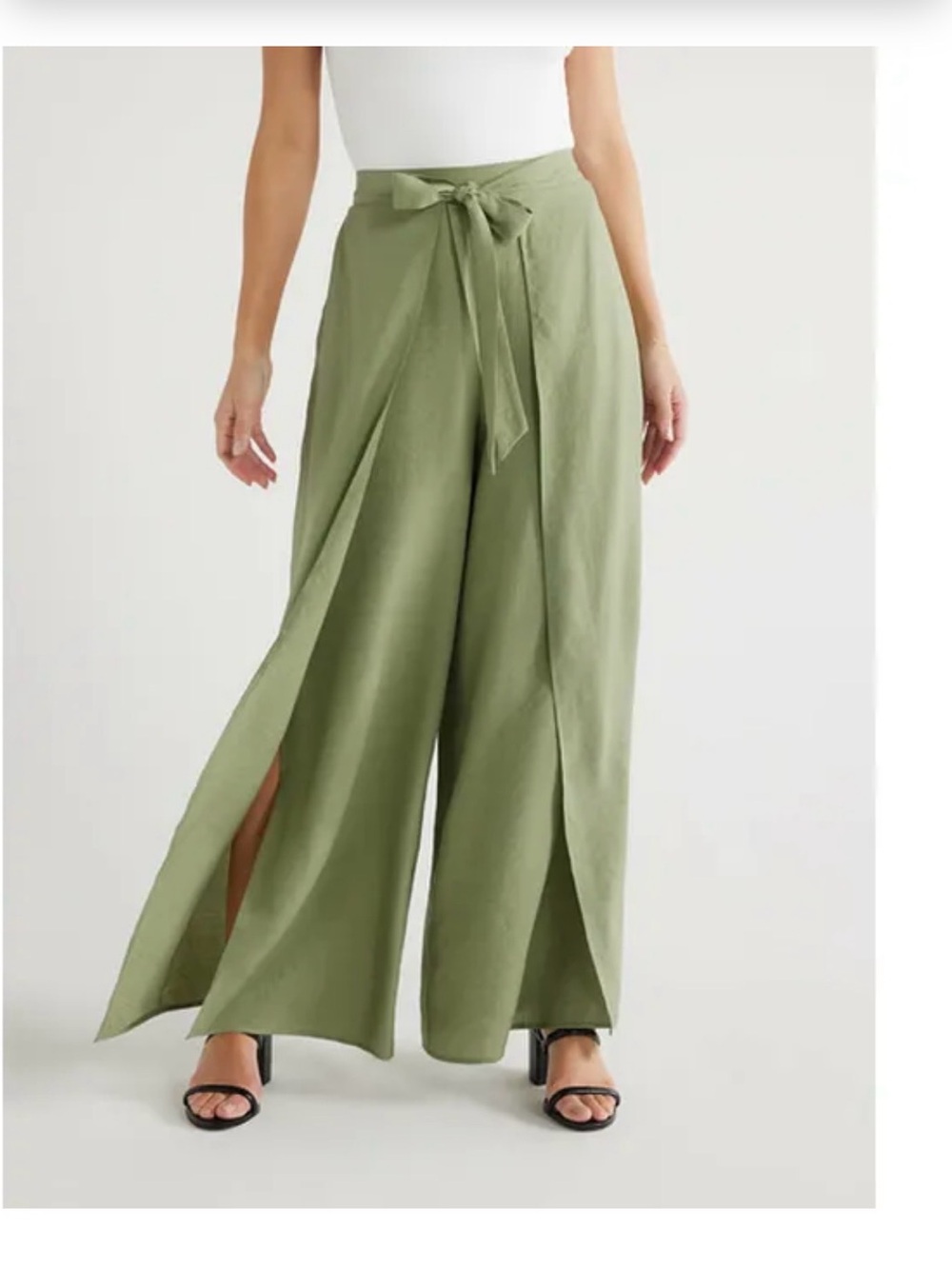 Wide-Leg Wrap Palazzo Pants with Tie Waist - Olive Green